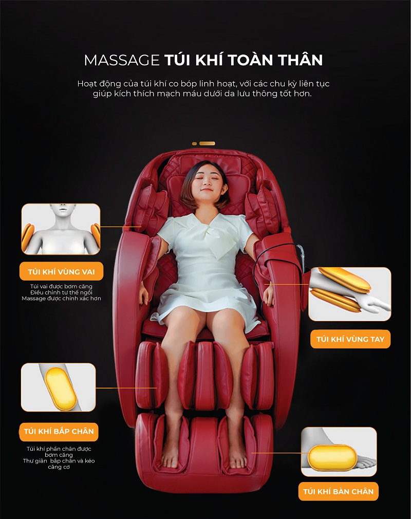 Túi khí bao trọn gần như toàn thân cho bạn massage sâu rộng hơn.
